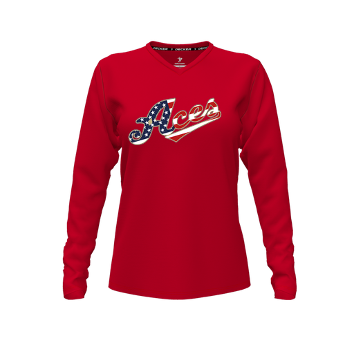 [CUS-DFW-TEES-CMF-VNK-LSL-RED-FYXS-LOGO2] Decker Comfort T-Shirt (Female Youth XS, Red, V Neck, Logo 2, Long Sleeve)